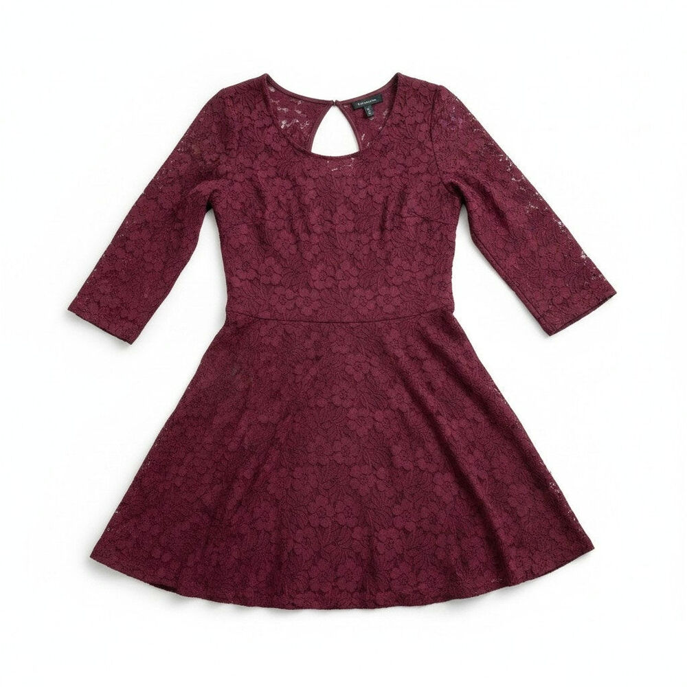 ABERCROMBIE & FITCH Womens Floral Lace 3/4 Sleeve Flare Dress Burgundy 10 Grunge